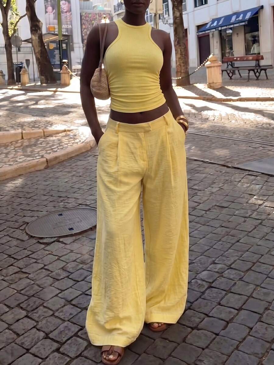 Slaydiva Casual Pale Yellow Tank Top And Wide Leg Pants 2 Pieces Set, Summer