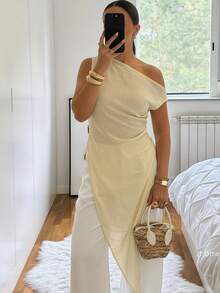 Firerie Áo kiểu nữ màu vàng thanh lịch, tối giản, thích hợp cho kỳ nghỉ, lễ hội âm nhạc, phong cách thường ngày, vạt áo bất đối xứng, xếp ly, thích hợp cho mùa xuân/hè. - Màu vàng - Xem 5