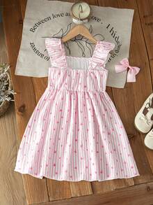 SHEIN Vintaside Kids 女童蓝白条纹方领荷叶袖连衣裙，饰有3D蝴蝶结，通体蝴蝶结印花，清新甜美法式宽松休闲公主裙，夏季 - 粉色 - 查看 2