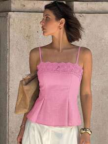 Mirada de sirena 2026 Nueva camiseta de mujer con ribete de encaje, top corto y sexy sin tirantes con ribete de encaje, top con cuello de encaje, top de mujer de cuello cuadrado, top de ganchillo, top de encaje de mujer, camiseta casual de verano de color albaricoque sólido minimalista, top de campesina de encaje crema, top de tirantes, top con volante y ribete de encaje, blusa de estilo francés, blusa para mujer elegante y clásica, blusas y tops de mujer para el verano - Rosa - Ver 7