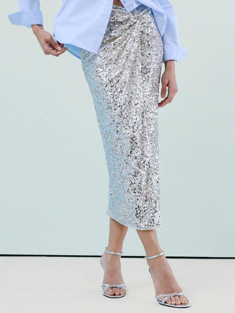 KSTM Sequin Midi Pencil Skirt With Shimmer Texture High Waist Column Silhouette Party Evening Formal Occasion Wear