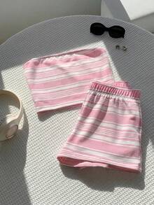 Comfortcana Bộ áo quây và quần short kẻ sọc tương phản kiểu vintage dành cho nữ, thích hợp mặc đi biển, dạo phố, ở sân bay và ở nhà. - Nhiều màu - Xem 3