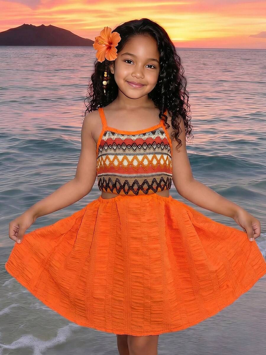 SHEIN Young Girl Patchwork Color Ruffle Strap Dress, Suitable For Summer Park, Beach, Photography, Outdoor Activities - Multicolor - View 1