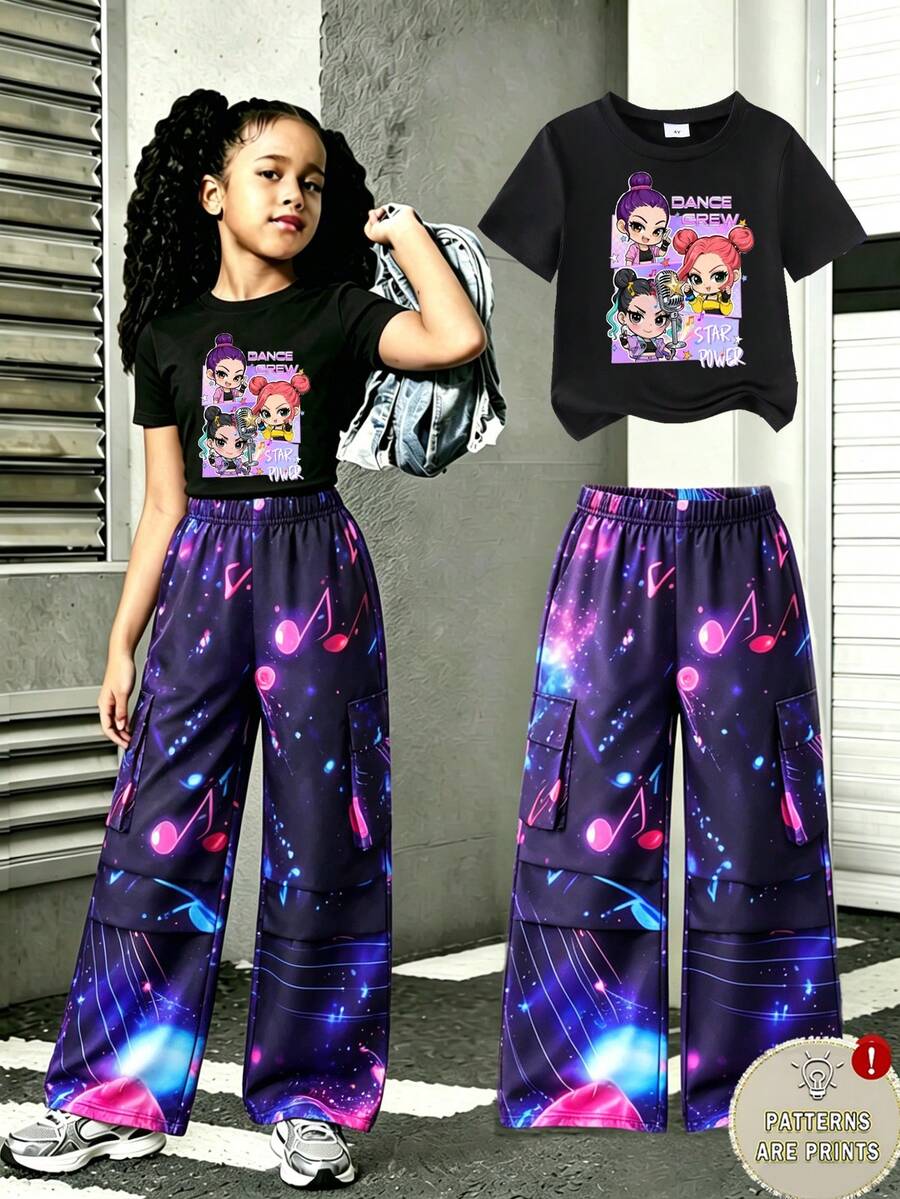 2pcs/Set Young Girls' Fashion Hip Hop Girl Group Star Print Short Sleeve Top And Space Theme Colorful Music Note Print Pocket Cargo Pants Outfit Set - Multicolor - View 1