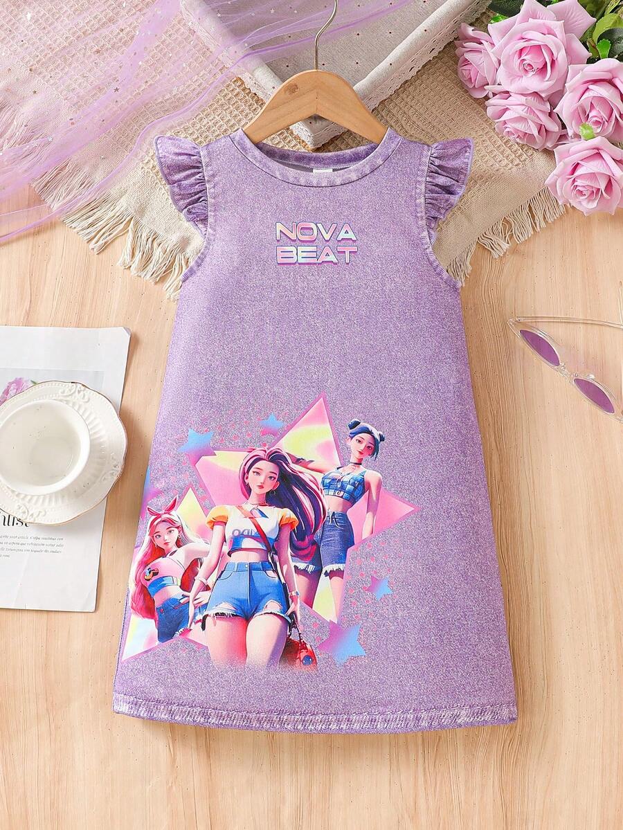 SHEIN 少女夏季休闲时尚街头风韩流女团人物字母印花荷叶边连衣裙 - 紫色 - 查看 1