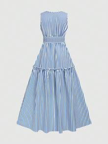 Elenzga Vestido sin mangas con cuello en V profundo a rayas azul y blanco, vestido acampanado con fruncido en la cintura, estilo de resort de verano - Azul y blanco - Ver 4