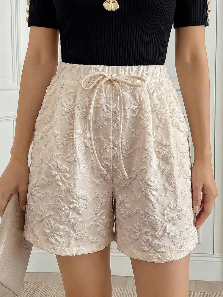Middle-Aged & Elderly Women Jacquard Waist Tie Pocket Shorts, Summer Shorts,Shorts For Going Out ,Elegant Shorts For Women,Vacation Shorts,Mother's Outfits