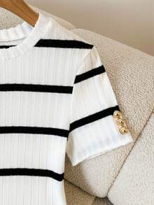 GlowEve Women's Striped Round Neck Short Sleeve Button Design Casual Mid-Length Dress - Black and White - View 4