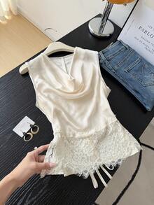 SHEIN Frenchy Women's Colorblock Lace Patchwork Cowl Neck Elegant Blouse, Spring/Summer - Apricot - View 7