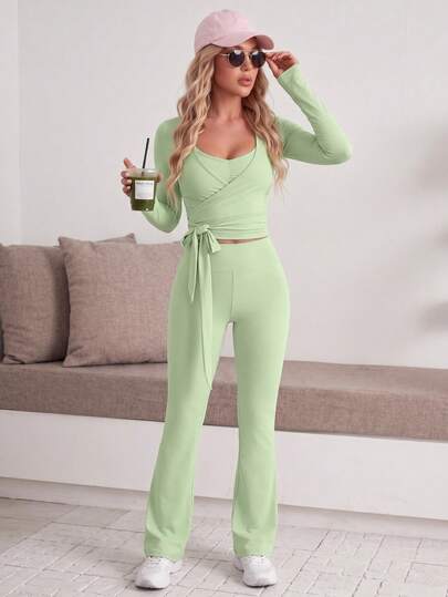 Breezaya 3pcs Women's Sports Suit Set, Includes Long Sleeve T-Shirt, Adjustable Strap Top, And High Waist Flared Pants, Suitable For Daily Casual Wear, Running, Yoga, Gym, Tennis, All Seasons