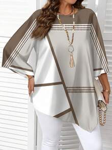 Plus Size Women Round Neck Color Block Casual Versatile Daily Wear Shirt - Multicolor - View 4