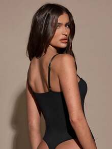 SHEIN BAE Bodysuit Camisole Wanita Warna Polos Modis untuk Acara Malam di Klub, Hitam, Musim Panas, Seksi, Halloween - Hitam - View 2