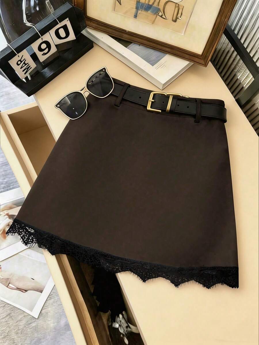 SHEIN Franclia Minifalda de línea A con adorno de encaje, elegante para la oficina/uso diario - Marrón - Ver 1