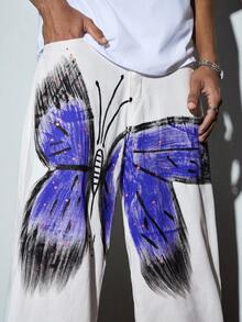 Modcrash 1pc American Street Style Men's Hand-Painted Wide Leg Jeans, Loose Fit Versatile Casual Denim Pants (Belt And Accessories Not Included) - White - View 6