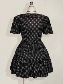 SHEIN ICON 大码女式波点系带休闲连衣裙，适合约会和外出穿着 - 黑色 - 查看 2