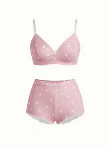 Bonmuse 3pcs/Set Women Solid Heart Print Ruffle Trim Lingerie Bra And Elastic Waist Shorts Pajama Set Two Pieces Set Women 2 Pieces Set, Kawaii - Multicolor - View 3