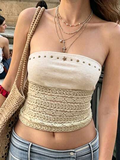 INAWLY Áo ống ôm sát phối ren tương phản phong cách thường ngày dành cho nữ