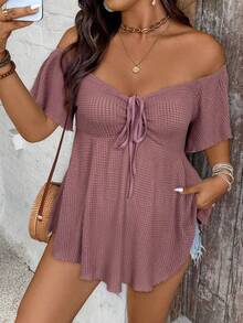 SHEIN VCAY Blus/Kemeja Wanita Ukuran Besar Gaya Vintage Kasual untuk Liburan Musim Semi/Panas di Pantai, Boho, Motif Jacquard Bergaris, Bahu Terbuka, Tali Serut, Warna-warni - MultiWarna - View 1