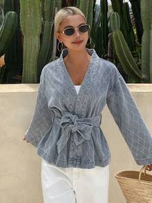 DAZY Áo denim nữ kiểu dáng thường ngày, thắt eo, dễ phối đồ. - Màu xanh lam - Xem 6