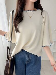 FRIFUL Women's Wavy Striped Loose Contrast Trim Short Sleeve T-Shirt, Summer Casual Wear - Blue - View 6