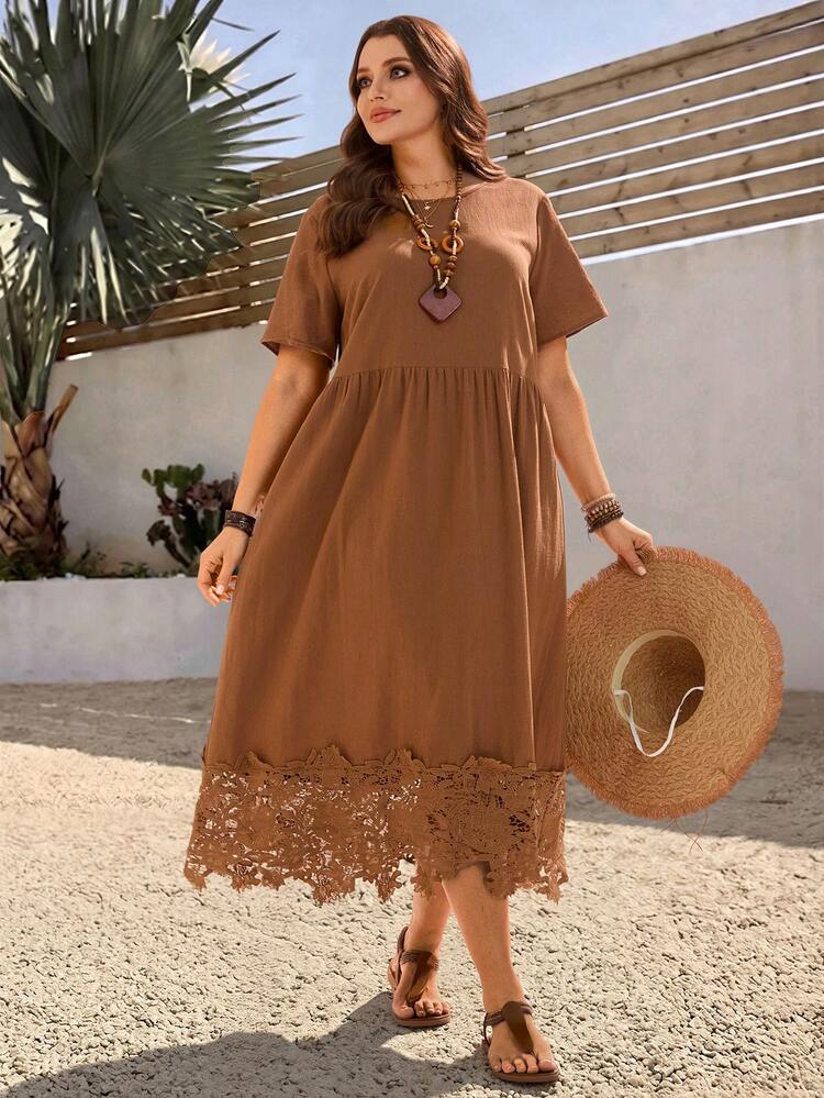 Plus Size Women's Summer Casual Vacation Country Solid Color Brown Lace Patchwork Dress With Pockets,Summer Vacation,Casual Holiday Style,Summer Outfits For Women ,Vacation Outfits Women ,Holiday Outfits For Women,Going Out Outfits,New Clothes,Simple And Fashionable For Everyday Wear,Suitable For Summer, Vacation, Daily Wear, Festival Outfits For Women,Country Concert Outfit,Beach Outfits For Women,Western Style,Flowy Dress,Gifts For Mother,Boho Dress