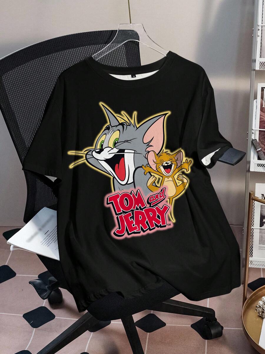 TOM & JERRY X SHEIN Plus Size Women Cute Cartoon & Letter Print Round Neck Short Sleeve T-Shirt - White - View 1