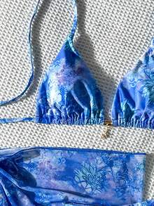 Costavie Women's Random Print Halter Metal Decor Mini Skirt 3-Piece Bikini Set, Spring/Summer - Multicolor - View 4