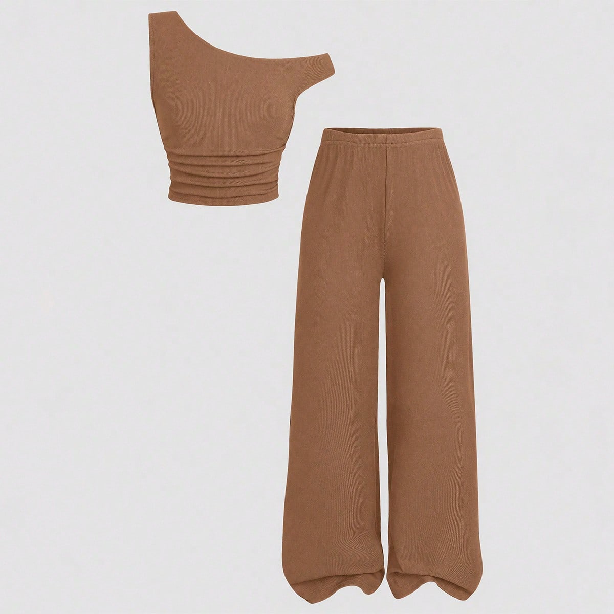 Conjunto de 2 piezas para niñas preadolescentes: Top corto de hombros con acanalado marrón y pantalones de pierna ancha, conjunto casual de vacacion