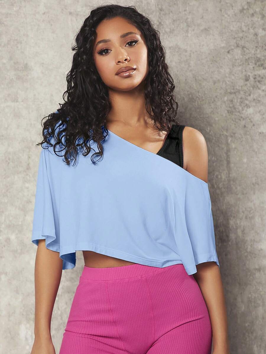 VARSIVA Women's Casual Solid Color Asymmetrical Neck Cropped Sports T-Shirt, Summer - Baby Blue - View 1