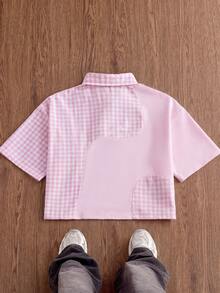 SWAVVY Camisa casual de manga corta con botones delanteros y estampado de cuadros para hombres - Rosa - Ver 2