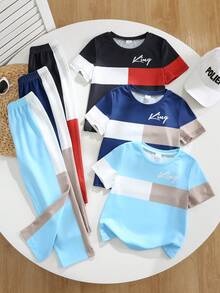 SHEIN 6 Stück/Set Jungen Casual Komfortable Vielseitige Farbblock Buchstaben Muster Rundhals Kurzarm T-Shirt und Hose Set - Verschiedenfarbig - Übersicht 7