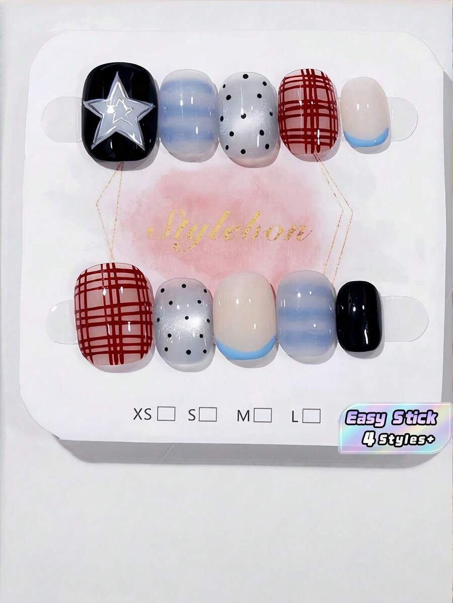 Móng giả hình hạnh nhân, 10 chiếc, làm thủ công, đơn giản, thời trang, họa tiết ngôi sao, kẻ caro, thiết kế mắt mèo tươi tắn, độ phủ toàn diện, dễ dán và bền lâu, thích hợp cho nữ giới đi biển, đi nghỉ mát, dự tiệc và sử dụng hàng ngày. Dụng cụ làm đẹp móng tay. - Nhiều màu - Xem 1