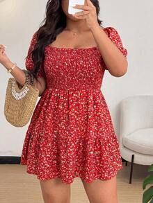 Flirla Plus Size Women Floral A-Line Mini Dress For Vacation - Red - View 1