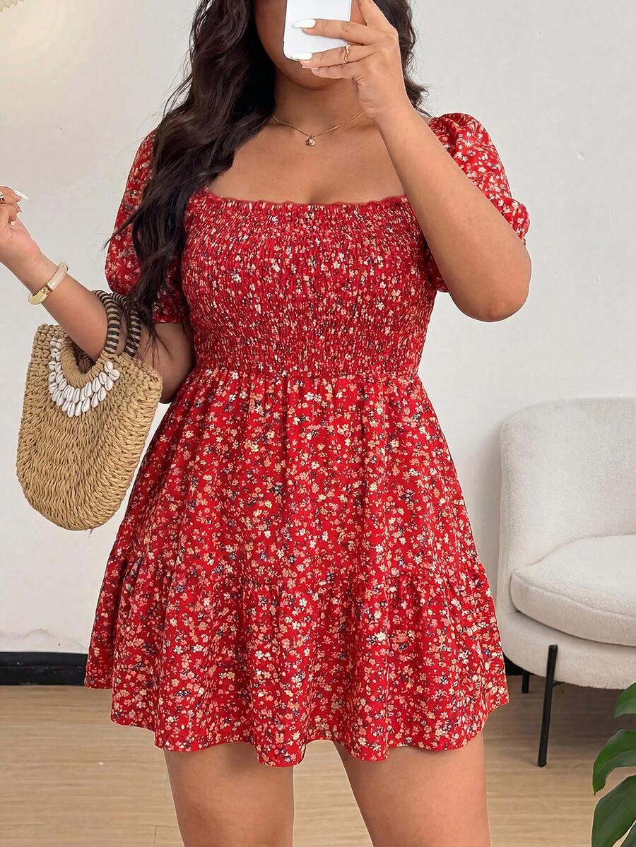 Flirla Plus Size Women Floral A-Line Mini Dress For Vacation - Red - View 1