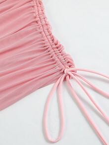 Swim Vcay Women's Vacation Solid Color Round Neck Short Sleeve Drawstring Design Cover-Up Dress - Pink - View 3