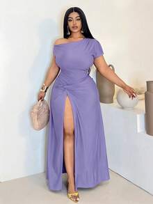 Maweii Plus Size Women's Solid Color Asymmetric Shoulder Ruched Split Elegant Waist Gathering Dress, Suitable For Party And Outing - Purple - View 4