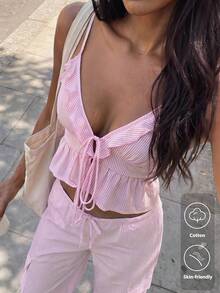 Women's Pink Striped Ruffle V-Neck Sleeveless Open Front Tie Design Sexy Blouse, Suitable For Casual, Holiday, Party, Summer Vacation Outfit - Pink - View 1