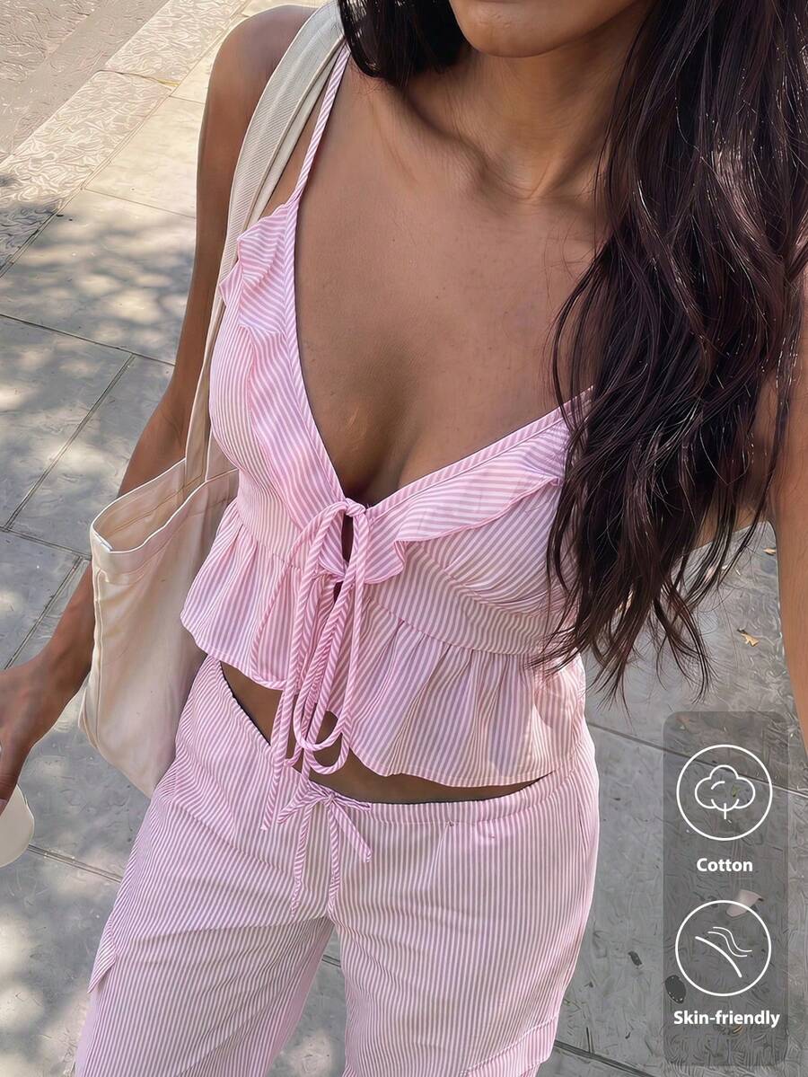 Women's Pink Striped Ruffle V-Neck Sleeveless Open Front Tie Design Sexy Blouse, Suitable For Casual, Holiday, Party, Summer Vacation Outfit - Pink - View 1