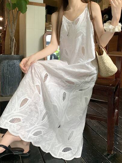 DAZY 女士夏季海滩度假风刺绣镂空宽松吊带连衣裙