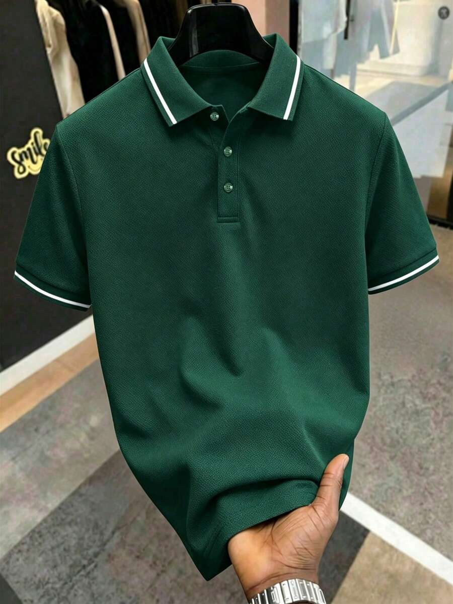 Manfinity Homme Hombres Camisa polo ribete de rayas - Verde Oscuro - Ver 1