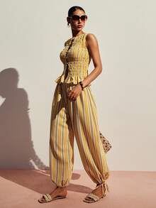 Poéselle Women's Contrast Color Striped Print Camisole And Wide Leg Pants Casual 2 Pieces Set - Yellow - View 6