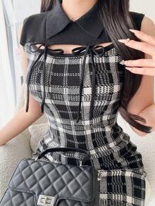 Đầm nữ không tay cổ bẻ khoét eo thắt nơ họa tiết kẻ caro dáng ôm sát mùa hè ngọt ngào - Đen và trắng - Xem 4