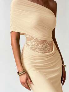 Aloruh 優雅性感網紗蕾絲拼接透視腰部單肩褶皺露肩修身洋裝，杏色洋裝，婚禮晚宴度假賓客洋裝，度假洋裝，夏季海灘洋裝，婚禮賓客長裙，夏季女裝洋裝 - 米色 - 查看 2