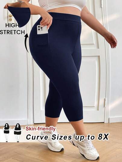 SHEIN CURVE+ Plus Size Women's Black Elastic Fitted 7/8 Leggings, Skin-Friendly (With Phone Pocket)