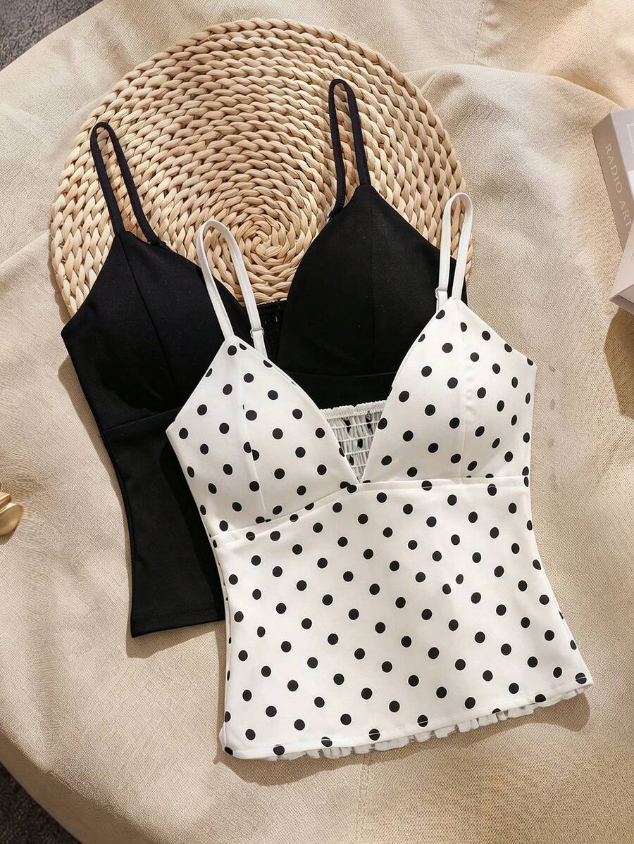 SHEIN Franclia 2件組夏季優雅白色波點與黑色細肩帶背心上衣，純棉可調節後背，適合度假海灘度假村休閒、辦公通勤