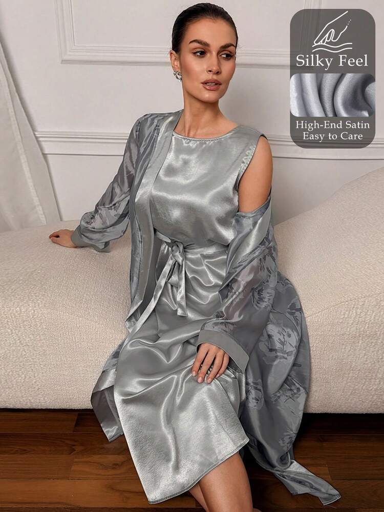 Elegant Floral Print Satin Patchwork Robe Set, Satin Nightgown Sleepwear For Women