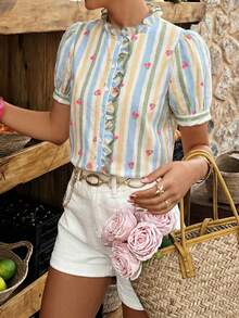 Flora Isola Flora Isola 女款夏季休閒度假拼色條紋與碎花泡泡袖荷葉邊飾襯衫 - 彩色 - 查看 3