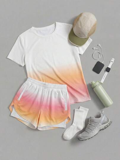 SHEIN Cheerettes Bộ đồ thể thao gồm áo tay ngắn và quần short in họa tiết, thích hợp cho chạy bộ, tập luyện, leo núi và đạp xe.