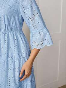 SHEIN LUNE Plus Size Women's V-Neck 3/4 Sleeve Elegant Midi Dress Fall - Baby Blue - View 3