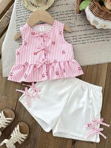 LMoss Kids Bộ 2 món áo ba lỗ và quần short kẻ caro dệt cho bé gái, kiểu dáng thường ngày. - Hồng - Xem 5
